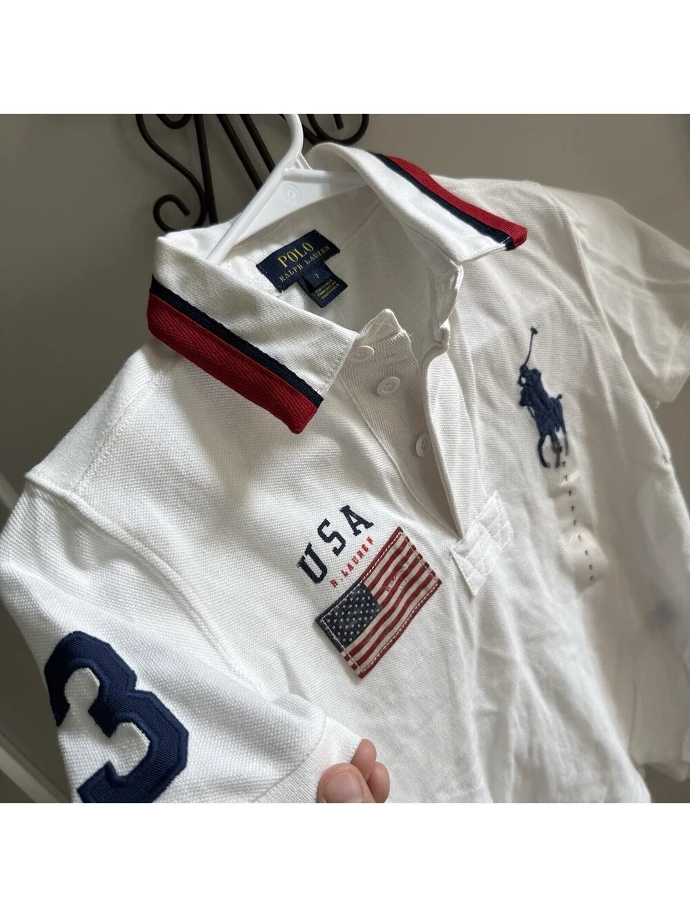 NWT Polo Ralph Lauren USA Big Pony Polo Shirt Youth Size 7 Unisex White